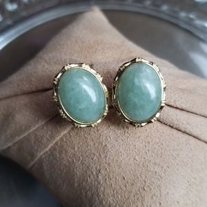 Jadeite Oval Piereced Earrings 925 Sterling